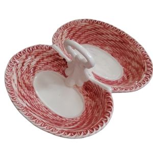 Double Ceramic Trinket, Candy, Nut Dish With Center Handle Rust Brown Fall Color